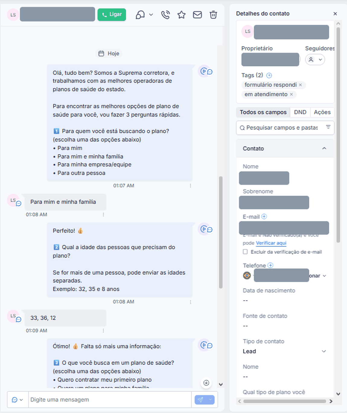 Conversa do agente de IA no WhatsApp qualificando um lead dentro do CRM