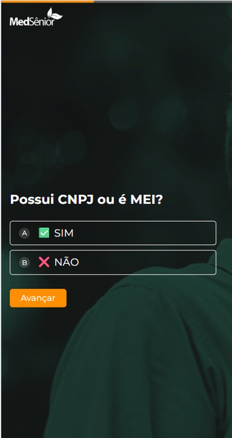 Tela do quiz perguntando se a pessoa possui CNPJ ou é MEI